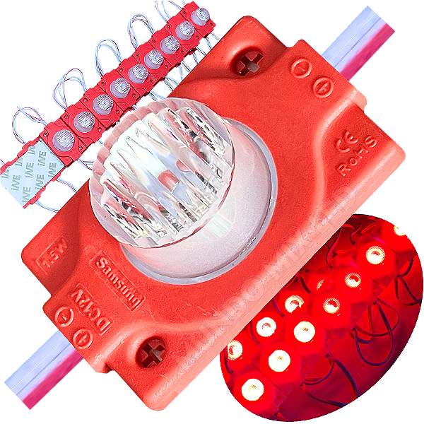 Módulo LED Mega Lente 3030 1.5W 12V 1-LED Vermelho IP67 12Volts 60º Injetado Para Letreiros Super Leds