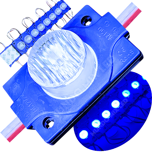 Módulo LED Mega Lente 3030 1.5W 12V 1-LED Azul Royal IP67 12Volts 60º Injetado Para Letreiros Super Leds
