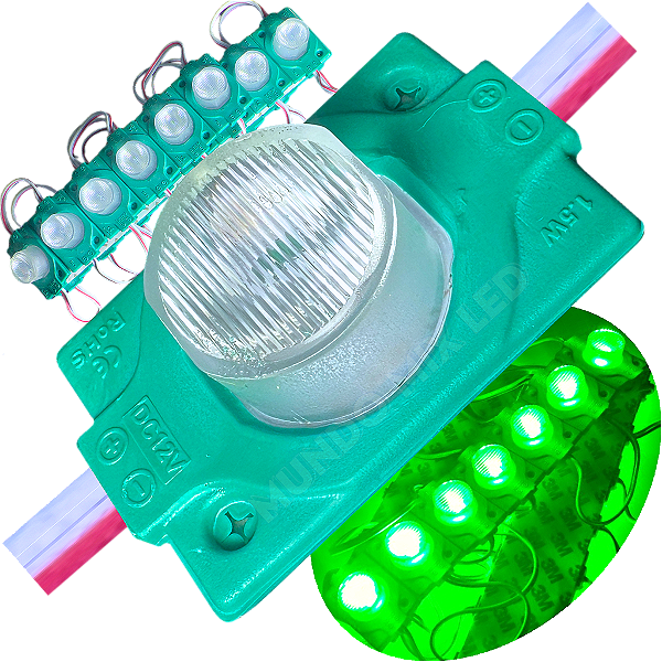 Módulo LED Mega Lente 3030 1.5W 12V 1-LED Verde Puro IP67 12Volts 60º Injetado Para Letreiros Super Leds