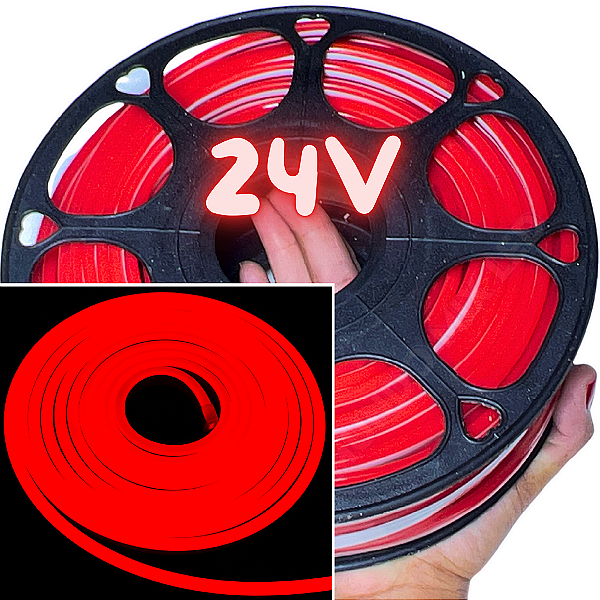 Rolos Com 25mts Mangueira Neon LED 24V 6X12mm Vermelho 12w /mt Flexível 24volts