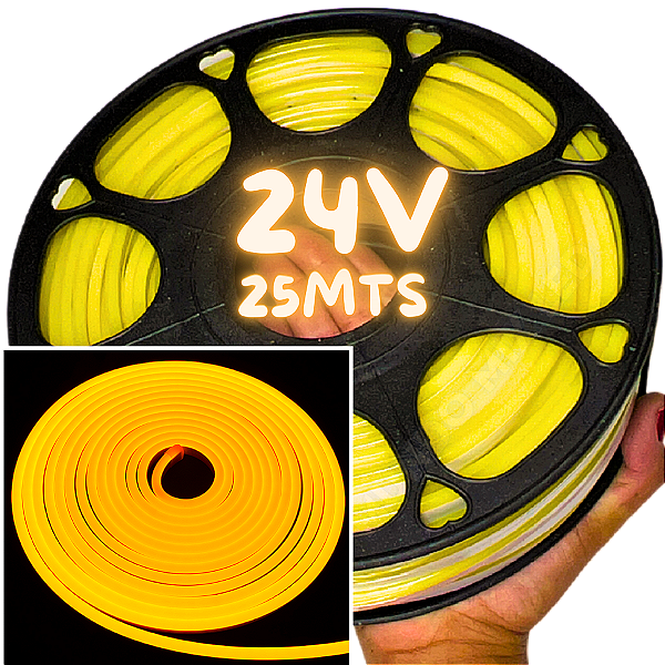 Rolos Com 25mts Mangueira Neon LED 24V Amarelo Âmbar 6X12mm 12w /mt Flexível 24volts