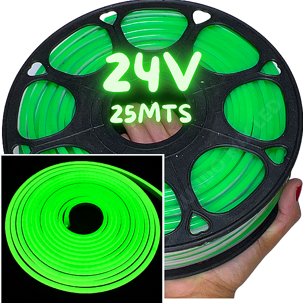 Rolos Com 25mts Mangueira Neon LED 24V 6X12mm Verde Puro 12W /mt Flexível 24Volts