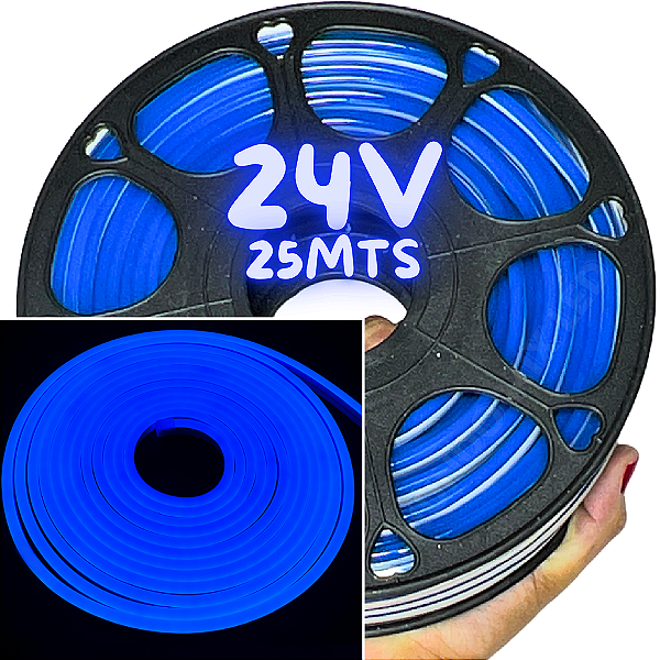 Rolos Com 25mts Mangueira Neon LED 24V 6X12mm Azul Royal 12W /mt Flexível 24Volts