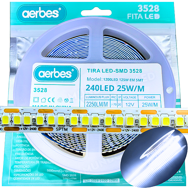 Fita LED IP20 12V 240Leds Branco Frio 6500K 24W /mt 12Volts P/ Perfil