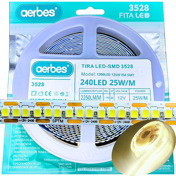 Fita LED IP20 12V 240Leds Branco Morno 4000K 24W /mt 12Volts P/ Perfil