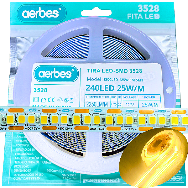 Fita LED IP20 12V 240Leds Branco Quente 3000K 24W /mt 12Volts P/ Perfil