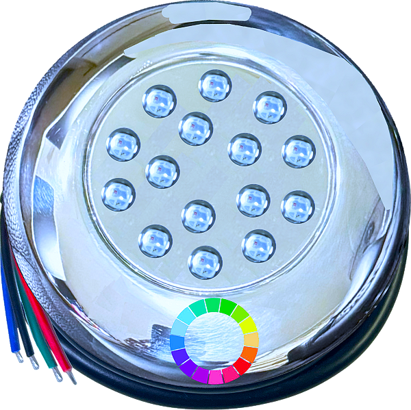 Luminária Refletor INOX P/ Piscinas RGB 18W 12v IP68 125mm Rosca 1/2 21mm Prova D’água