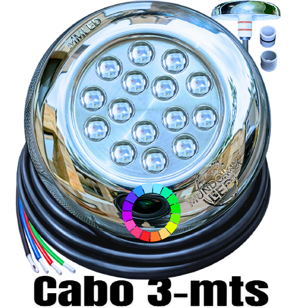 Luminária Refletor INOX P/ Piscinas RGB Mult Colorido 18W 12v IP68 125mm Premium AÇO INOX 16mm 21mm 25mm A Prova D’água