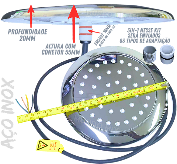 Luminária Refletor INOX P/ Piscinas RGB 35W Mult Colorido 12v IP68 200mm Premium AÇO INOX 16mm 21mm 25mm A Prova D’água