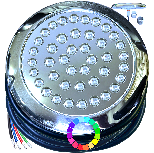 Luminária Refletor INOX P/ Piscinas RGB 35W Mult Colorido 12v IP68 200mm Premium AÇO INOX 16mm 21mm 25mm 27W A Prova D’água