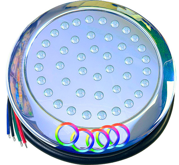 Luminária Refletor INOX P/ Piscinas RGB 35W 12v IP68 200mm Rosca 1/2 21mm a Prova Dágua