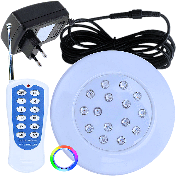 Kit 01 Refletor LED RGB Piscina 18W Rosca 1/2 + Cabo 3mts + Fonte Com Controlador Integradoladora