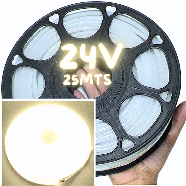 Rolos Com 25mts Mangueira Neon LED 24V Branco Morno 6X12mm 12W /mt Flexível 24volts