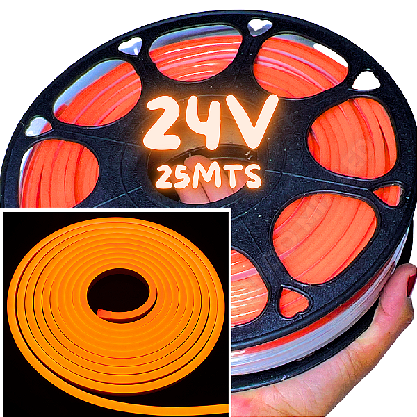 Rolos Com 25mts Mangueira Neon LED 24V Laranja 6X12mm 12W /mt Flexível 24volts
