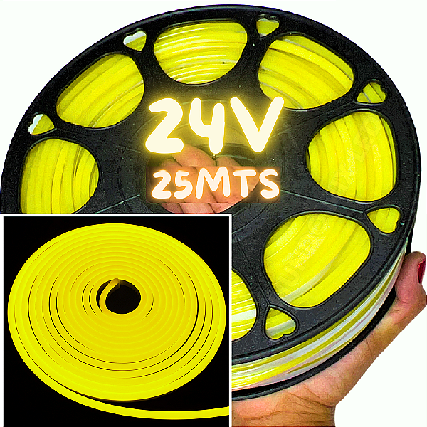 Rolos Com 25mts Mangueira Neon LED 24V 6X12mm Amarelo Limão 12W /mt Flexível 24volts