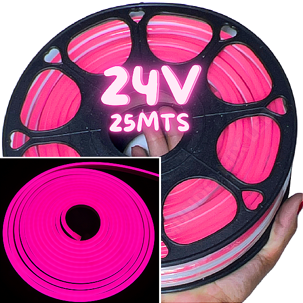 Rolos Com 25mts Mangueira Neon LED 24V Rosa Pink 6X12mm 12W/mt Flexível 24volts -