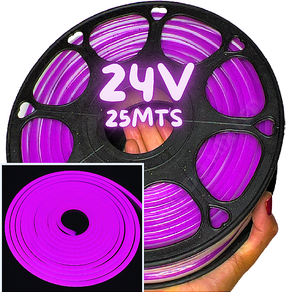 Rolos Com 25mts Mangueira Neon LED 24V Roxo 6X12mm 12W/mt Flexível 24volts