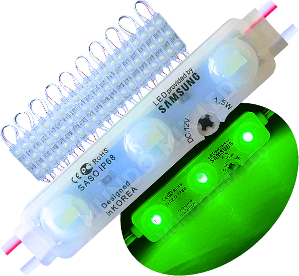 Módulo Led 5830 Chip Samsung Coreano IP68 Verde Puro 3-led Lente 170º 7cm injetado 12v
