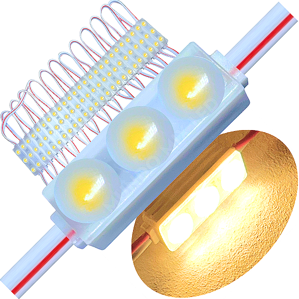 Micro Módulo LED 2835 30mm 0,6W 3-LEDs Branco Quente 3000K 12V IP67 Injetado Lente 160º