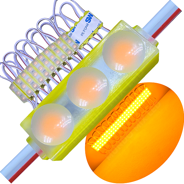 Micro Módulo LED 2835 30MM 3-LEDs 0,6W Lente 170º Luz Amarelo Âmbar 12V Chip Samsung Blindado IP67 Injetado Com Lente Super Premium