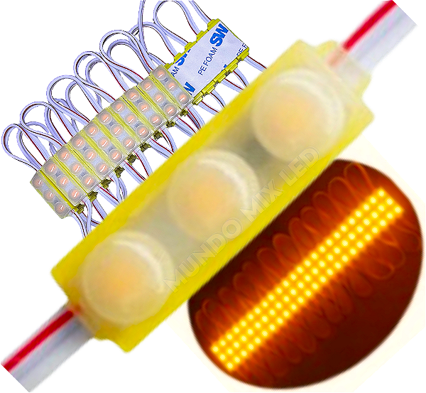 Micro Módulo LED 2835 30mm 0,6W 3-LEDs Amarelo Âmbar 12V IP67 Injetado Lente 160º