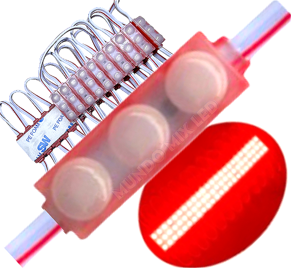 Micro Módulo LED 2835 30mm 0,6W 3-LEDs Vermelho 12V IP67 Injetado Lente 160º