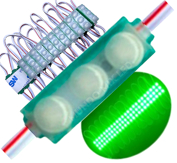 Micro Módulo LED 2835 30mm 0,6W 3-LEDs Verde Puro 12V IP67 Injetado Lente 160º