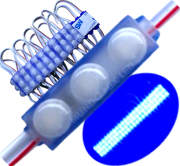 Micro Módulo LED 2835 30mm 0,6W 3-LEDs Azul Royal 12V IP67 Injetado Lente 160º
