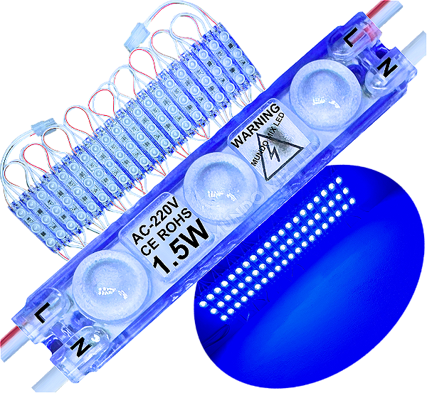 Módulo LED 2835 AC-220V 1,5W Azul Royal 3-Leds ip67 Direto Na Energia Injetado Lente 170º 220V P/ Luminosos