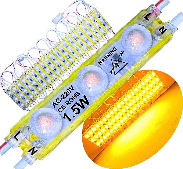 Módulo LED 2835 AC-220V 1,5W Amarelo Âmbar 3-Leds ip67 Direto Na Energia Injetado Lente 170º 220V P/ Luminosos