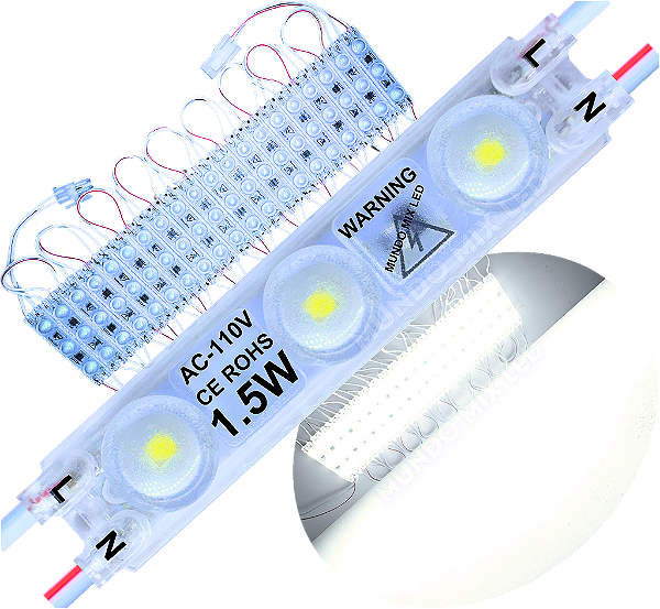 Módulo LED 2835 AC 110V 1,5W Branco Puro 6000K 3-Leds ip67 Direto Na Energia Injetado Lente 170º 127V P/ Luminosos