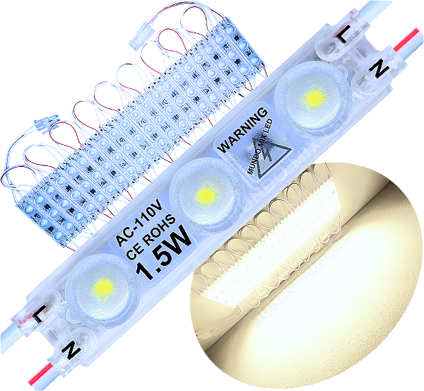 Módulo LED 2835 AC 110V 1,5W Branco Morno 4000K 3-Leds ip67 Direto Na Energia Injetado Lente 170º 127V P/ Luminosos