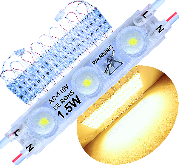 Módulo LED 2835 AC 110V 1,5W Branco Quente 3000K 3-Leds ip67 Direto Na Energia Injetado Lente 170º 127V P/ Luminosos