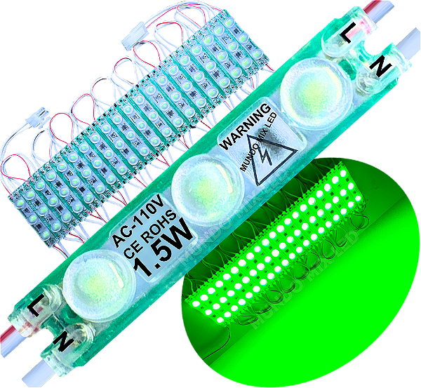 Módulo LED 2835 AC 110V 1,5W Verde Puro 3-Leds ip67 Direto Na Energia Injetado Lente 170º 127V P/ Luminosos