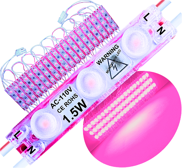 Módulo LED 2835 AC 110V 1,5W Rosa Pink 3-Leds ip67 Direto Na Energia Injetado Lente 170º 127V P/ Luminosos