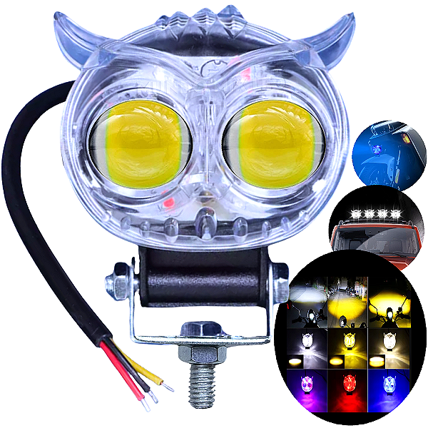 Lanterna Auxiliar CORUJA 12V 24V 48V LED 15W 3000LM IP67 Alta Baixa Branca Amarela Vm Az 08 Funções P/ Autos Motos Bike Patinete