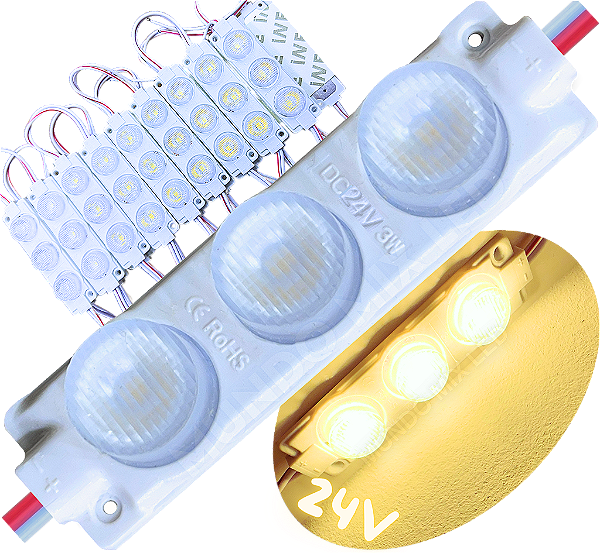 Módulo LED Mega Lente 3030 3W 24V 3-LEDs Branco Quente 3000k IP67 24Volts 60º Injetado Para Letreiros Super Leds