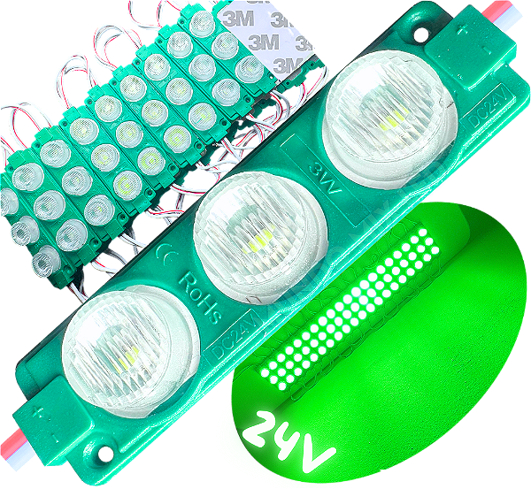 Módulo LED Mega Lente 3030 3W 24V 3-LEDs Verde Puro IP67 24Volts 60º Injetado Para Letreiros Super Leds
