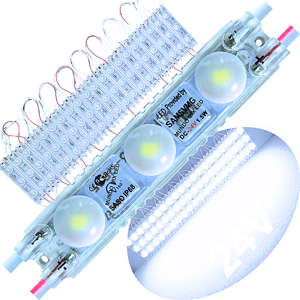 Módulo Led 24V IP68 6,5cm 2835 Branco Frio 24Volts 3-LEDs injetado Coreano Lente 160º