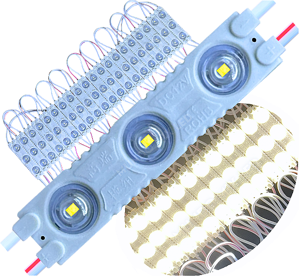 Módulo LED 7030 1,7W 3-LEDs COREANO Branco Morno 4000k 12V IP67 Lente 175º Injetado P/ Letras Caixa