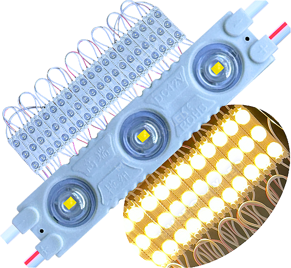 Módulo LED 7030 1,7W 3-LEDs COREANO Branco Quente 3000k 12V IP67 Lente 175º Injetado P/ Letras Caixa