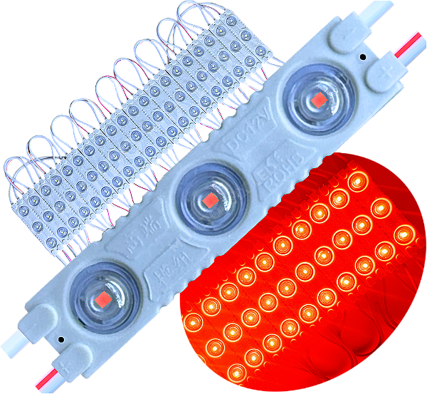 Módulo LED 7030 1,7W 3-LEDs COREANO Vermelho 12V IP67 Lente 175º Injetado P/ Letras Caixa