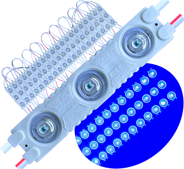 Módulo LED 7030 1,7W 3-LEDs COREANO Azul Royal 12V IP67 Lente 175º Injetado P/ Letras Caixa