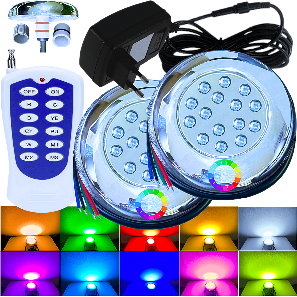 KIT 02 Refletor LED RGB Piscina 2X 18W Cada INOX 1/2 3/4 + Cabo 3MTS + Fonte Com Controlador RF Integrado
