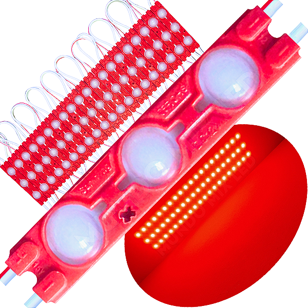 Módulo LED Injetado 7025 1,7W 3-LEDs Vermelho 6cm 12v Prova D’água IP67 Lente 160º
