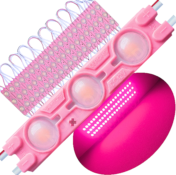 Módulo LED Injetado 7025 1,7W 3-LEDs Rosa Pink 6cm 12v Prova D’água IP67 Lente 160º