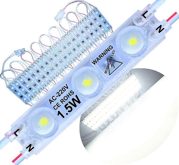 Módulo LED 2835 AC-220V 1,5W Branco Puro 6000K 3-Leds ip67 Direto Na Energia Injetado Lente 170º 220V P/ Luminosos