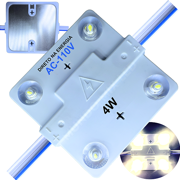 Módulo LED 6X6 AC-110V 4W 4-LEDs Branco Morno 4000k IP67 Direto Na Energia Injetado Lente 170º P/ Letras Luminosos