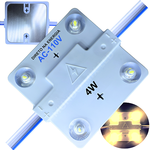 Módulo LED 6X6 AC-110V 4W 4-LEDs Branco Quente 3000k IP67 Direto Na Energia Injetado Lente 170º P/ Letras Luminosos