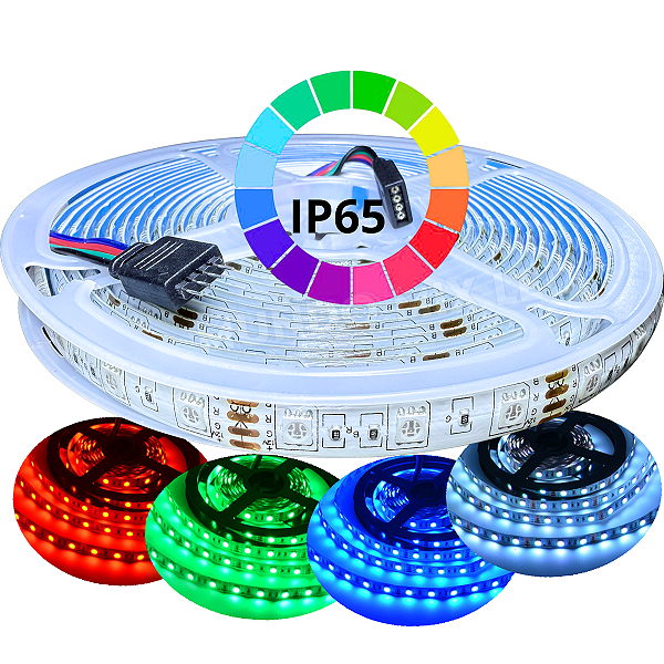 Fita LED RGB 5050 IP65 60LEDs 14,4W /MT 12V Multicolor P/ Sanca Perfil Com Silicone